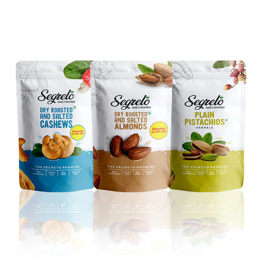 Dry Roasted & Salted Cashews, Dry Roasted & Salted Almonds, and Pistachios Combo Pack
